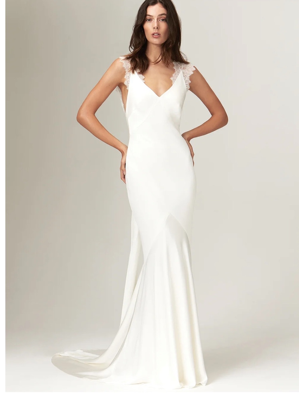 Savannah Miller Alma, Wedding Dress, New with Tags White V-Neck Lace Trim Dress